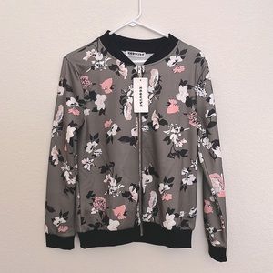 Army green bomber jacket with pink and white flowers